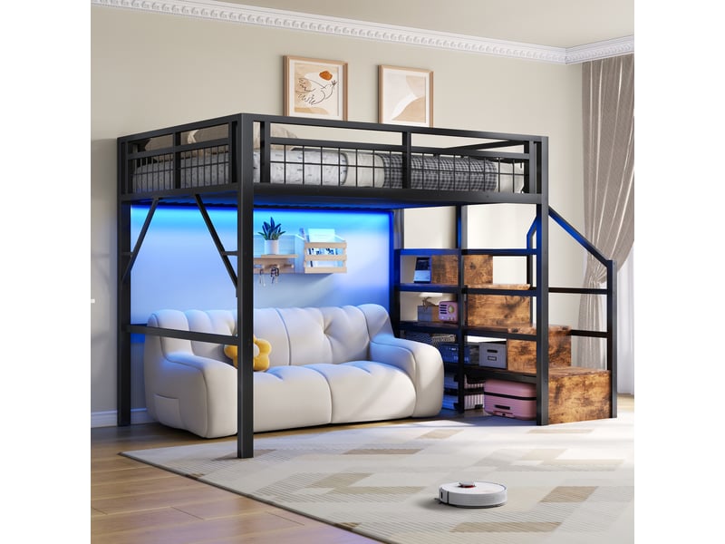  Lit mezzanine 140x200cm avec escalier de rangement, led et espace libre aménageable,métal noir Bliss Lite - Conforama E