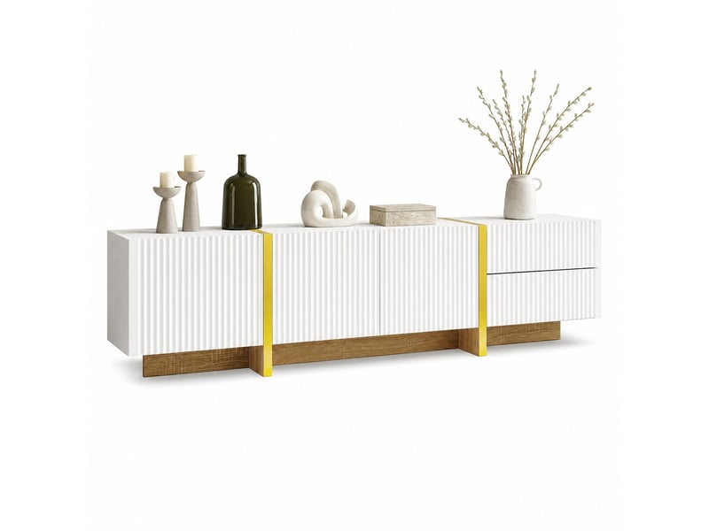  Meuble tv avec 3 portes et 2 tiroirs à fermeture douce pour salon 190×35×45 cm en mdf blanc et or  - Conforama A