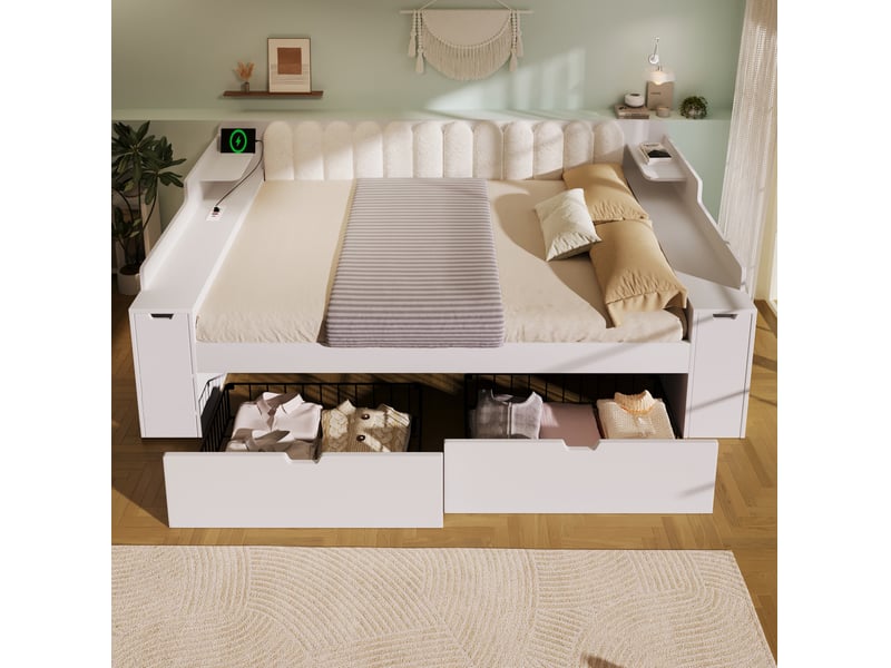 Lit jeune 140x190 cm, lit 2 places avec rangement et station de charge, mdf, métal et bois, couleur blanc, sans matelas - Conforama D