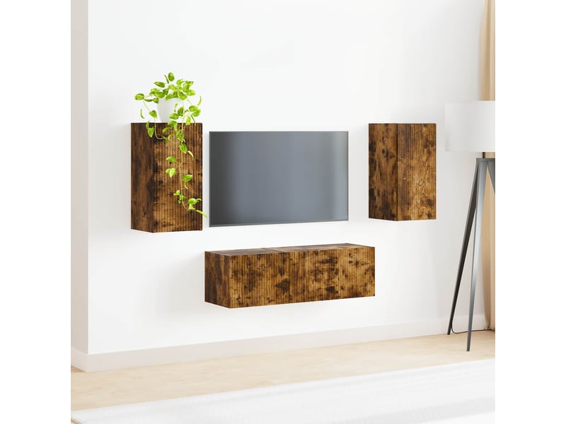  Ensemble de meuble tv - banc tv - meuble de rangement mural 4 pcs chêne fumé bois d'ingénierie  - Conforama D