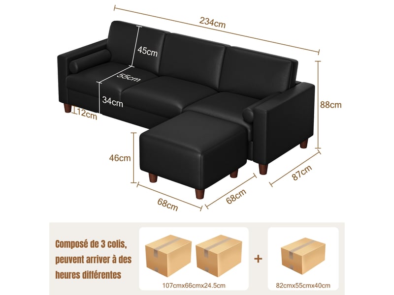 Canapé 3 places en cuir pu, 234 cm avec repose-pieds et 2 coussins, capacité 365kg, pieds bois massif 234x87x88 - Conforama E