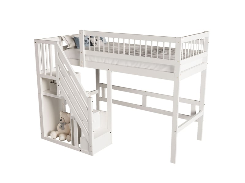  Lit superposé enfant 90x200 cm, avec compartiment de rangement, garde-corps, un seul sommier, pin blanc, sans matelas  - Conforama A