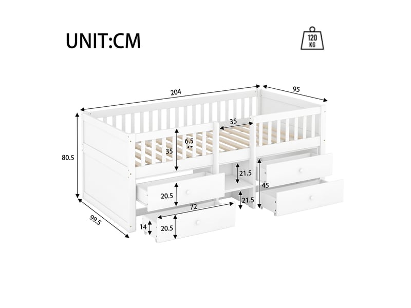 Lit mezzanine, 90 × 200 cm, blanc, bois de pin, 4 tiroirs, rangement intégré, sans matelas, garde-corps, échelle - Conforama E
