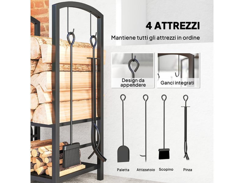  Porte-bûches en métal noir, 2 niveaux surélevés, 4 accessoires, capacité 100 kg  - Conforama W