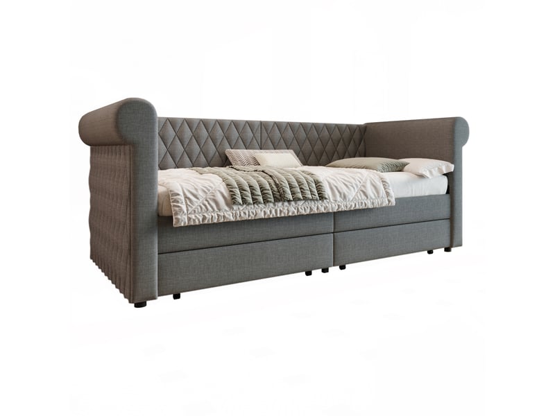  Lit banquette 90 x 200 cm gris en tissu linen, 2 tiroirs de rangement et sommier à lattes en bois  - Conforama A