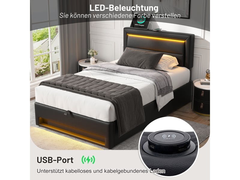  Lit adulte - avec rangement - avec éclairage led - avec port usb - avec sommier à lattes - couchage 90x190 cm - pu - pour chambre noir - Conforama E