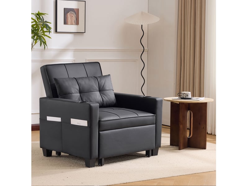 Fauteuil convertible 1 place noir en cuir régénéré, usb et porte-gobelets, idéal pour les petits espaces - Conforama B