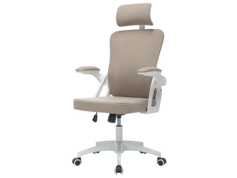  Chaise de bureau ergonomique beige à dossier haut en maille, appui-tête et soutien lombaire réglable  - Conforama A