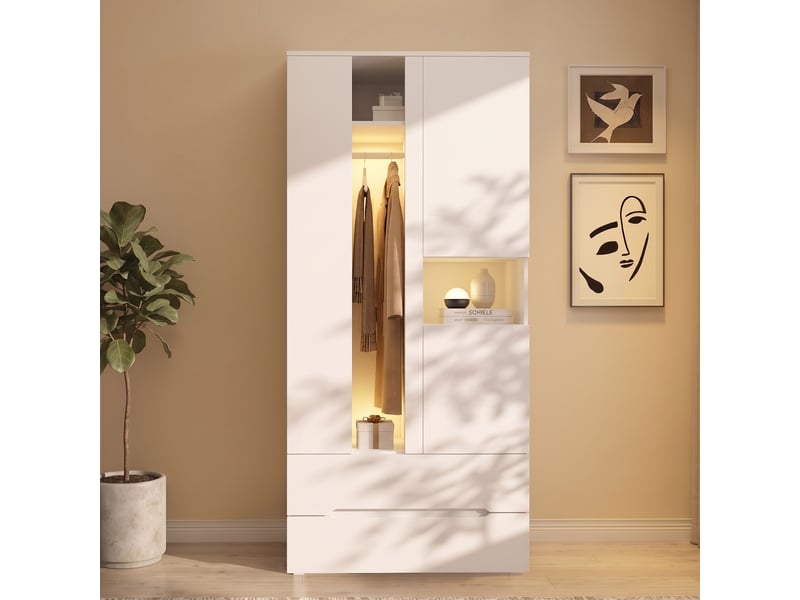 Armoire de chambre 90 x 50 x 200 cm avec led, 3 portes et 2 tiroirs, dressing avec penderie et 6 compartiments de rangement, en mdf, blanc - Conforama C