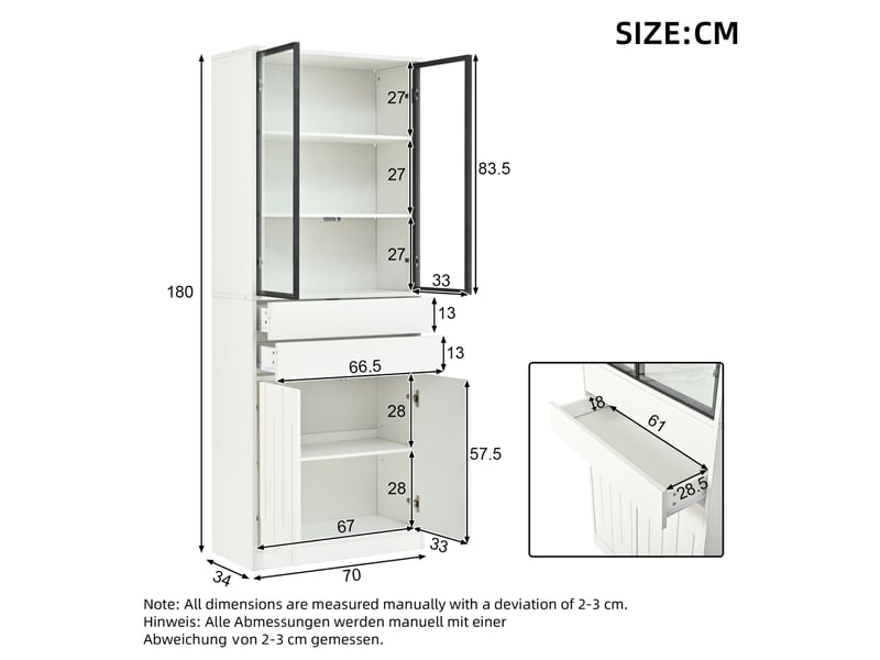 Buffet haut 70x34x180 cm, en panneaux de particules avec led, 2 tiroirs, style moderne, pour la maison, coloris blanc - Conforama C