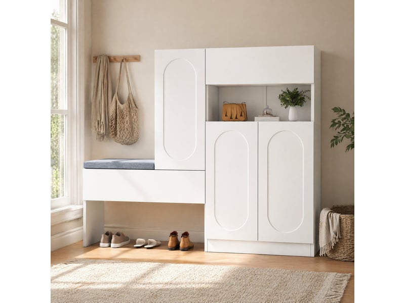  Meuble à chaussures ulevr 2 en 1 avec banc, rangements et portes à fermeture douce, 130 x 35 x 110 cm, panneaux de particules blancs  - Conforama B