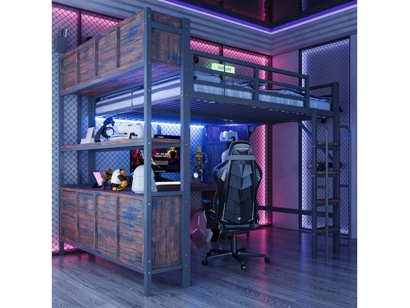  Lit mezzanine multifonction modenvie 140 x 200 cm avec bureau, armoire, étagères, led, prises européennes, noir  - Conforama D