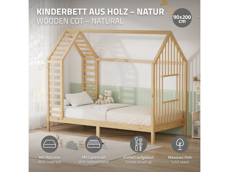  Ml-design lit cabane enfant avec matelas et sommier en bois de pin massif 90x200 cm, naturel, forme de maison avec toit et fenêtre, cadre montessori robuste pour filles et garçons, charge max. 100 kg ECD Germany GmbH - Conforama B