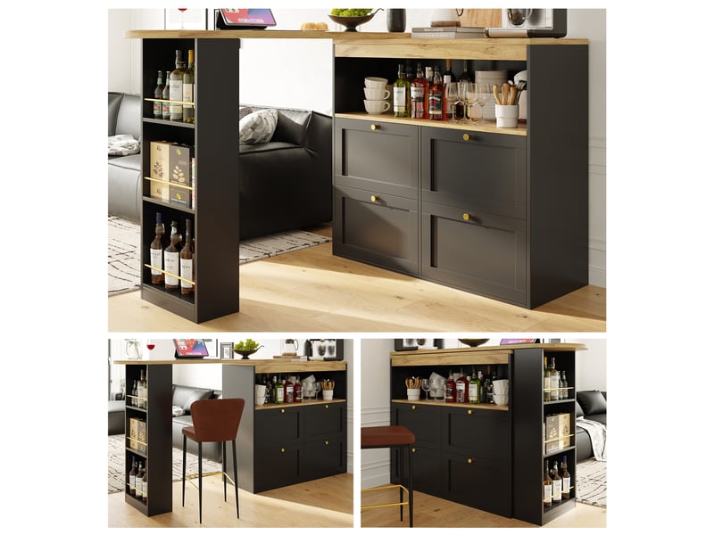  Table de bar pivotante à 360° avec 4 tiroirs et étagères, meuble de rangement en mdf, couleur principale noire moderne, 105x39x102cm.  - Conforama C