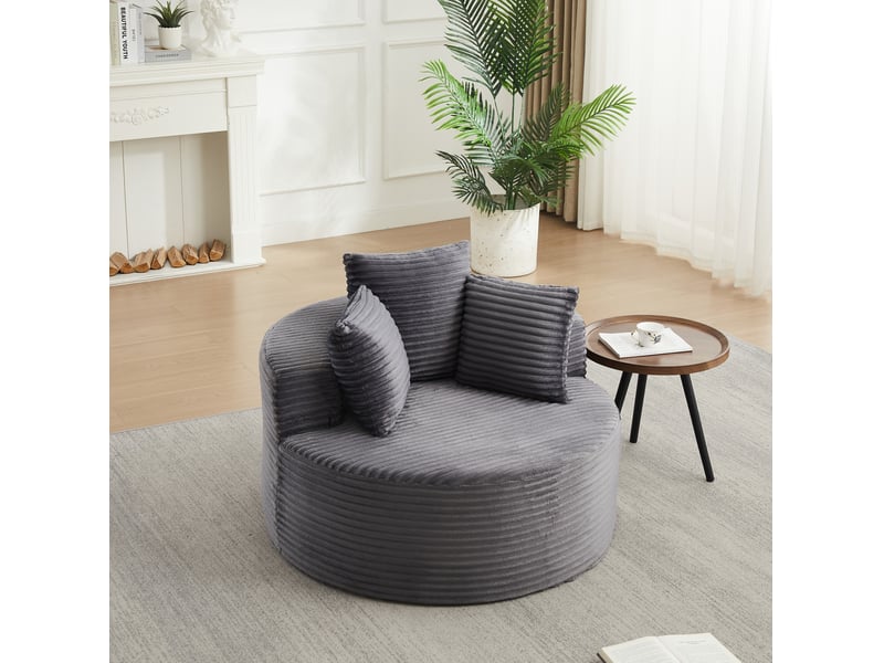  Fauteuil rond modenvie 1 place en velours côtelé gris, diamètre 110 cm, 3 coussins, mousse et ressorts  - Conforama B