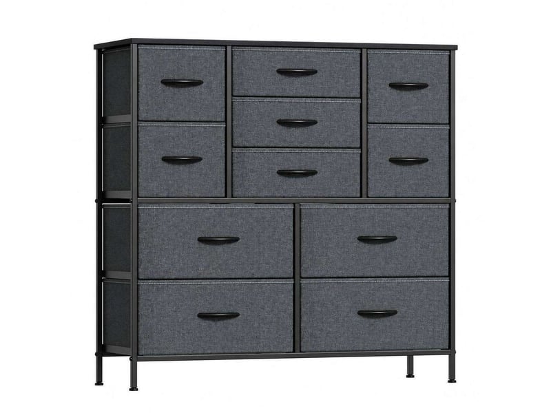  Chiffonnier meuble 100x30x97 cm onze tiroirs tissu gris fonce et metal noir chambre  - Conforama A