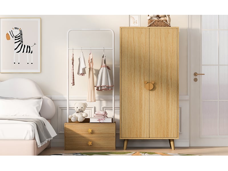  Ensemble armoire enfant 2 portes et penderie ouverte à 2 tiroirs, 140 × 55 × 170 cm, effet bois naturel, sur pieds  - Conforama D