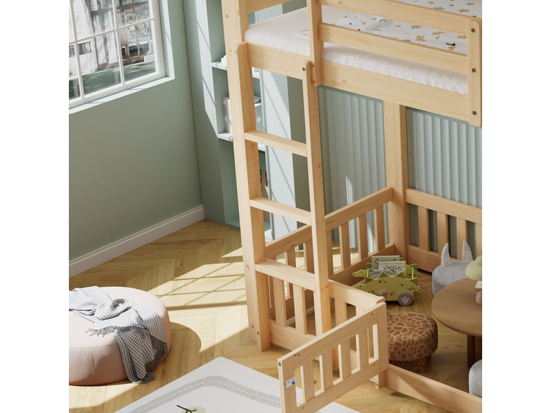  Lit superposé en bois naturel 90x200cm avec escalier droit, rampe, porte et espace libre sous le lit  - Conforama D