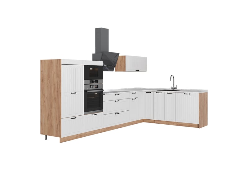  Vicco cuisine en angle, blanc campagnechêne de force doré, 347x60cm, pt marbre  - Conforama A