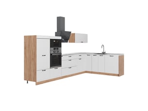 Vicco cuisine en angle, blanc campagnechêne de force doré, 347 x 207 cm, pt marbre