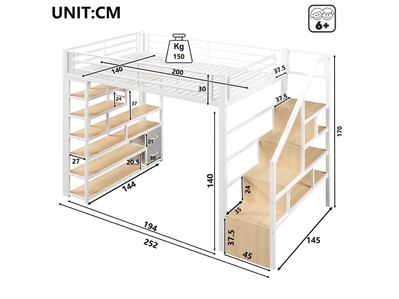  Lit mezzanine enfant 140x200 avec rangements et led blanc evryae  - Conforama E