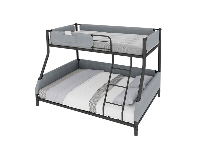  Lit superposé noir et gris - 140x190 cm, structure métallique robuste avec poche de rangement en lin amovible  - Conforama A