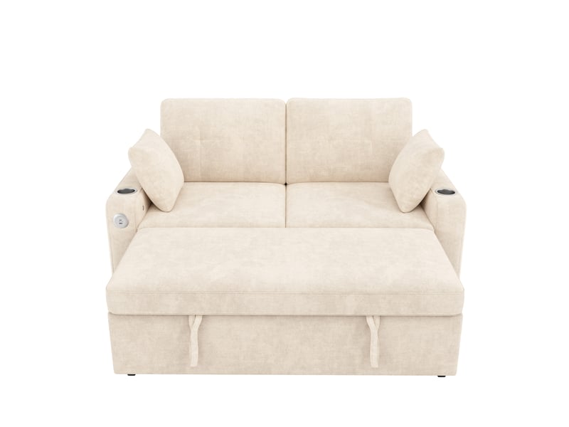 Canapé convertible 2 places, led usb-c avec porte-gobelets 141.5x131x83.5 cm beige - Conforama D
