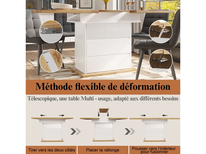  Table à manger extensible natural,white, rangement, pliable, étagères réglables, fermeture douce, solide - mdf - 110-140x80cm  - Conforama B
