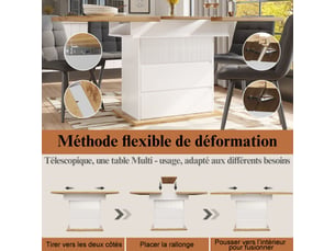 Table à manger extensible natural,white, rangement, pliable, étagères réglables, fermeture douce, solide - mdf - 110-140x80cm