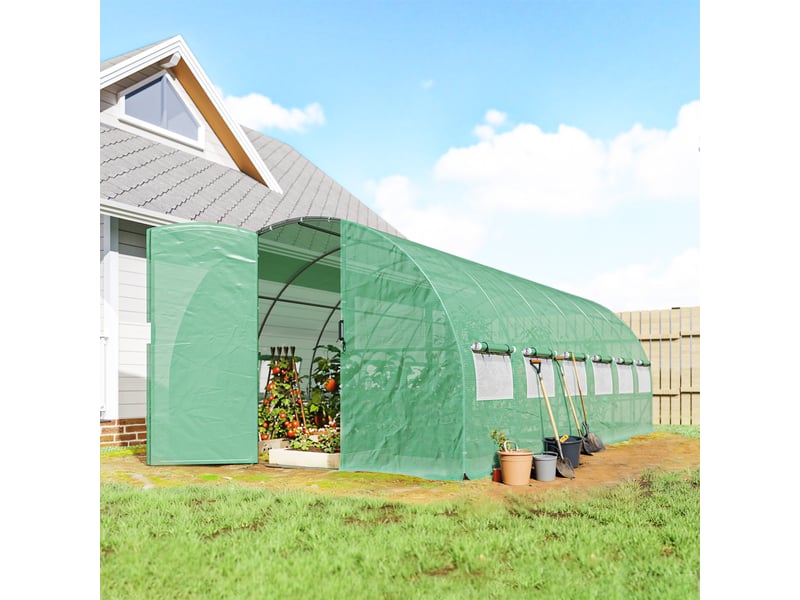  Serre tunnel de jardin 18m², serre de jardin tunnel avec porte et 12 fenêtres avec moustiquaires, 295x597x200cm, vert  - Conforama C