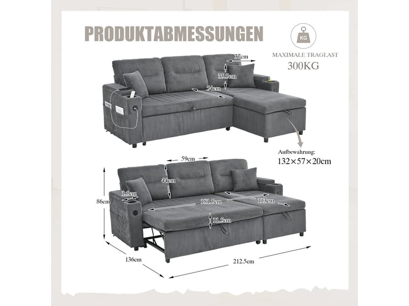  Canapé d'angle convertible ,3  places, avec rangement, porte-gobelets, port usb-c,212 x 136 x 86 cm,gris  - Conforama C