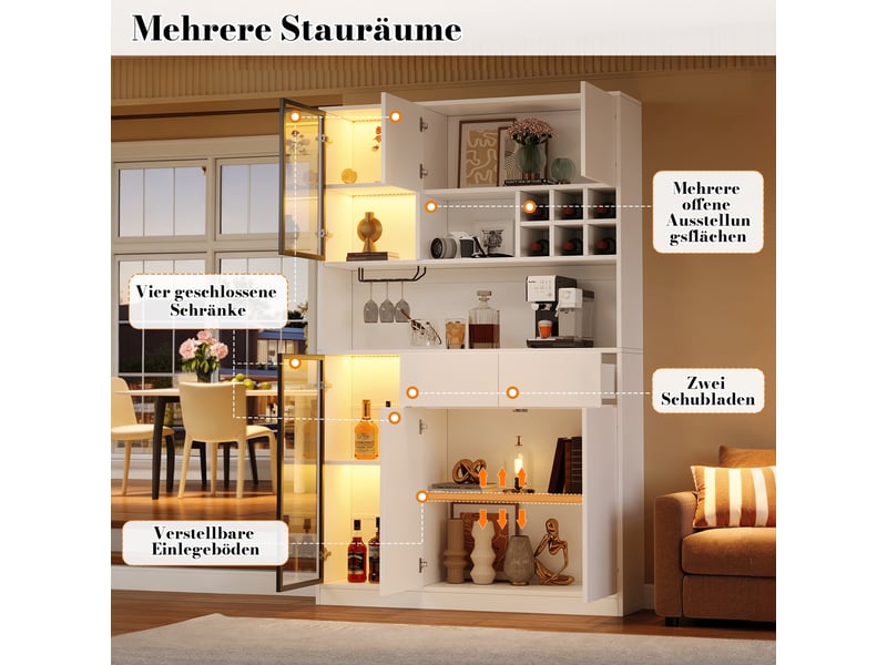  Vitrine haute 6 portes 2 tiroirs led et étagères réglables - lpospi - verre trempé blanc 120 × 33 × 200 cm  - Conforama E