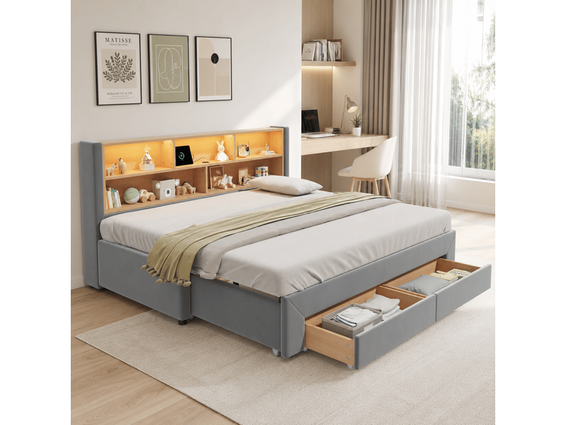 Lit gigogne 90x200 cm lit banquette extensible 180 cm avec 2 tiroirs, usb et led, velours gris ABC - Conforama B
