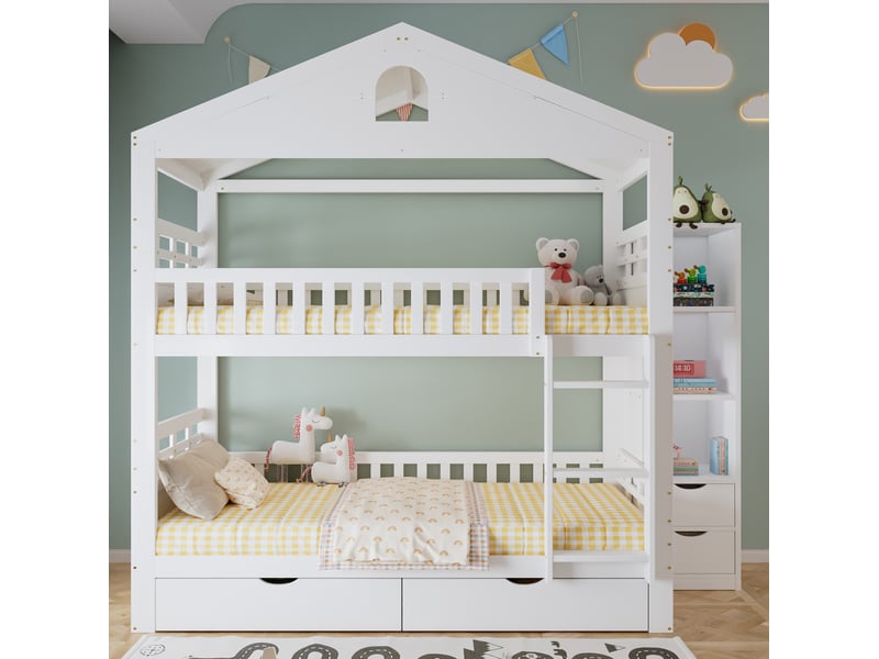  Lit superposé modenvie 90 x 200 cm style maison avec rangement et tiroirs blanc  - Conforama E