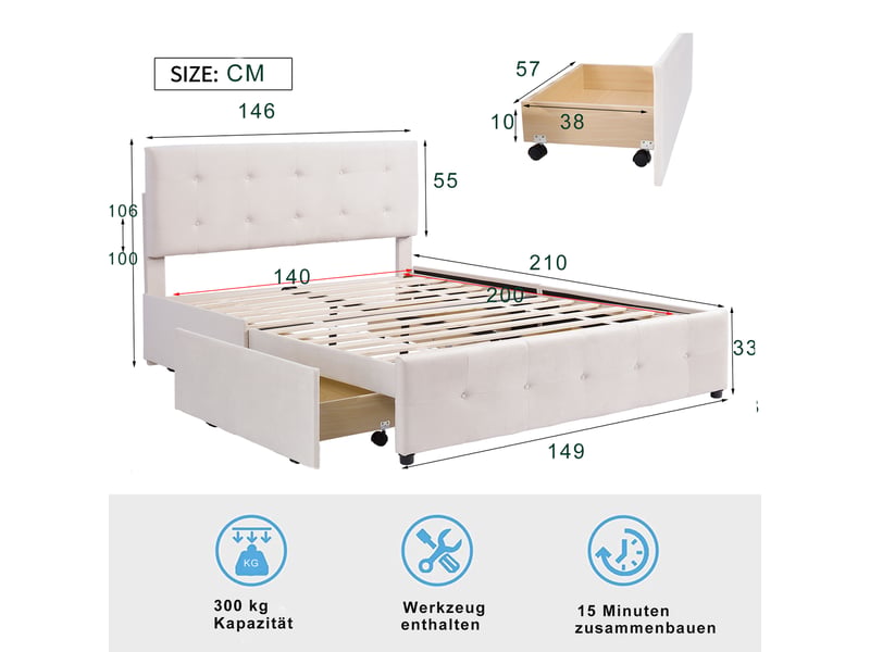  Lit double 140x200 cm, 4 tiroirs à roulettes sous le lit, tête de lit rembourrée et sommier à lattes, sans matelas, velours, beige  - Conforama D