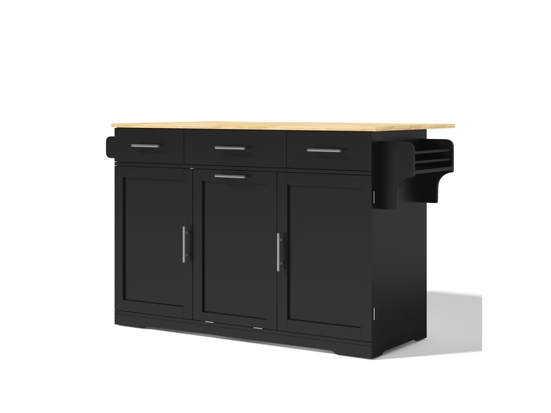  Îlot de cuisine mobile avec plan de travail pliant, chariot de cuisine sur roulettes avec 3 grands tiroirs, 2 armoires à portes et placard à poubelle, 136 x 50 (75) x 92 cm  - Conforama A