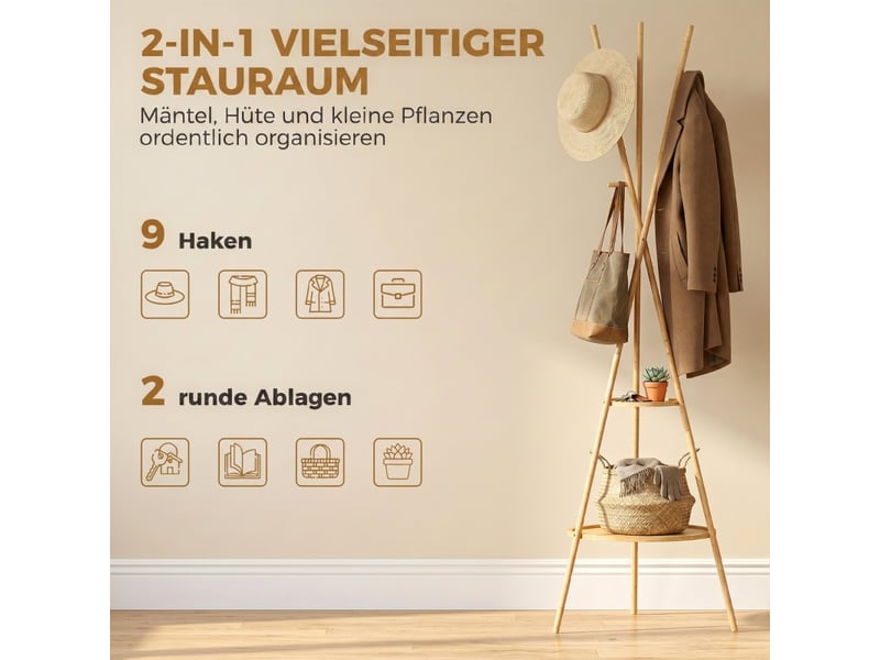  Porte-manteau sur pied avec 9 crochets et 2 étagères pour l'entrée, naturel 837-739V00ND - Conforama D