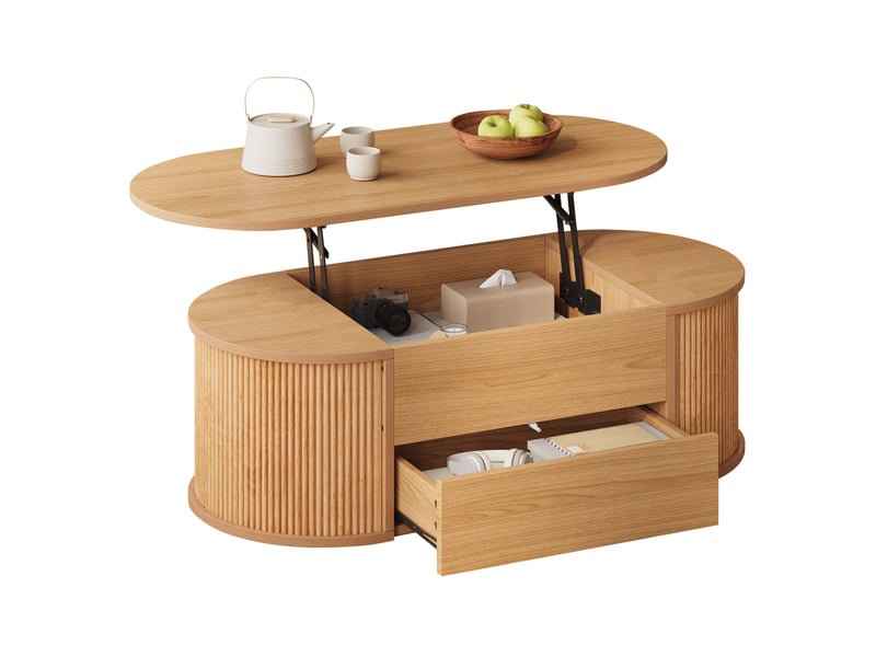  Table basse relevable ovale avec 1 tiroir et rangement dissimulé en mdf et panneaux de particules, aspect bois clair  - Conforama A