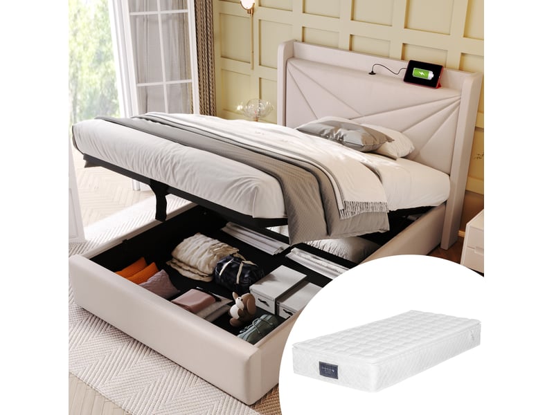  Lit coffre 90x200 cm avec prises usb et usb-c, tissu coton et lin beige  - Conforama B