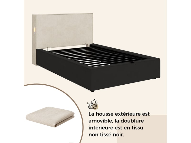  Lit coffre 90x200 cm, sommier à lattes inclus, ouverture hydraulique, tête rembourrée, chenille beige sans matelas  - Conforama E