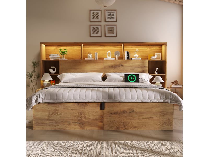  Lit coffre 180x200 cm, rangement hydraulique, tête de lit avec rangement, tables de chevet intégrées pour chambre - chêne  - Conforama D
