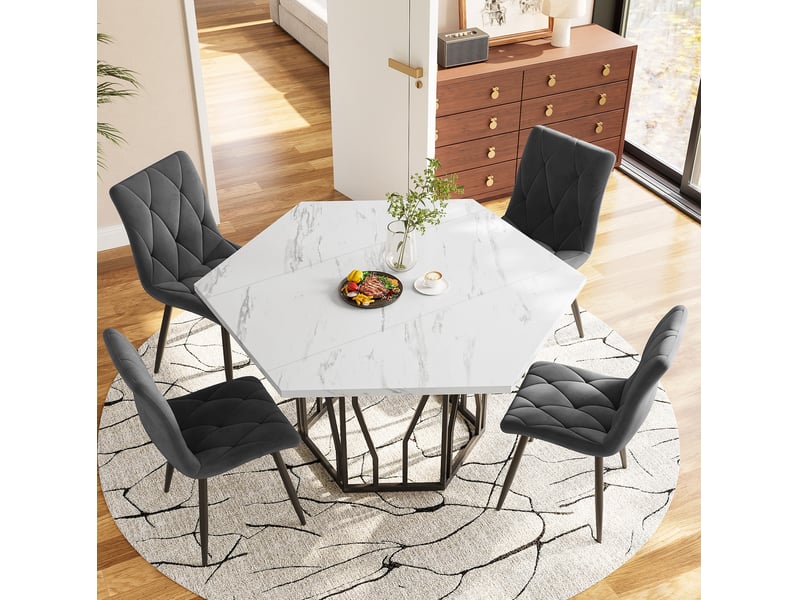  Table à manger hexagonale 115,5 x 100 cm en mdf effet marbre, noir et blanc  - Conforama E