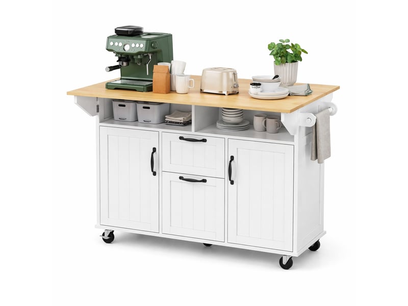  Îlot de cuisine mobile avec plateau rabattable, rangements et prises, en mdf blanc et coloris naturel  - Conforama A