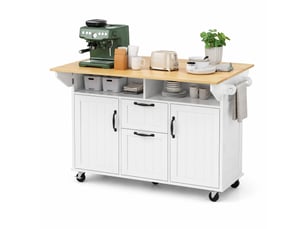 Îlot de cuisine mobile avec plateau rabattable, rangements et prises, en mdf blanc et coloris naturel