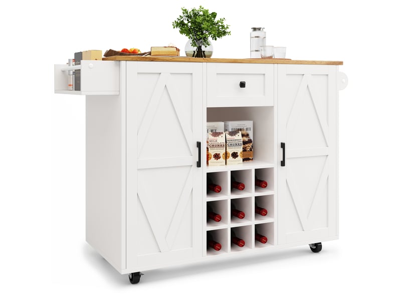  Îlot de cuisine mobile 137,5x40-65x95,6 cm avec plateau rabattable et grand rangement, roulettes, mdf, blanc  - Conforama A