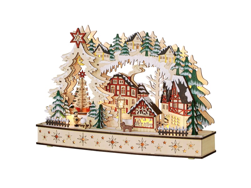  Village de noël lumineux, village de noël animé en bois, avec 20 led, paysage enneigé, 45l x 12l x 30h cm, bois naturel  - Conforama B
