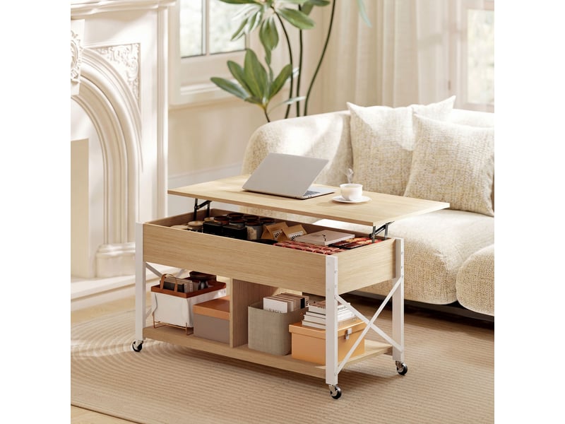  Table basse relevable à roulettes, table de salon avec compartiment caché, étagères ouvertes, bois naturel et blanc  - Conforama C