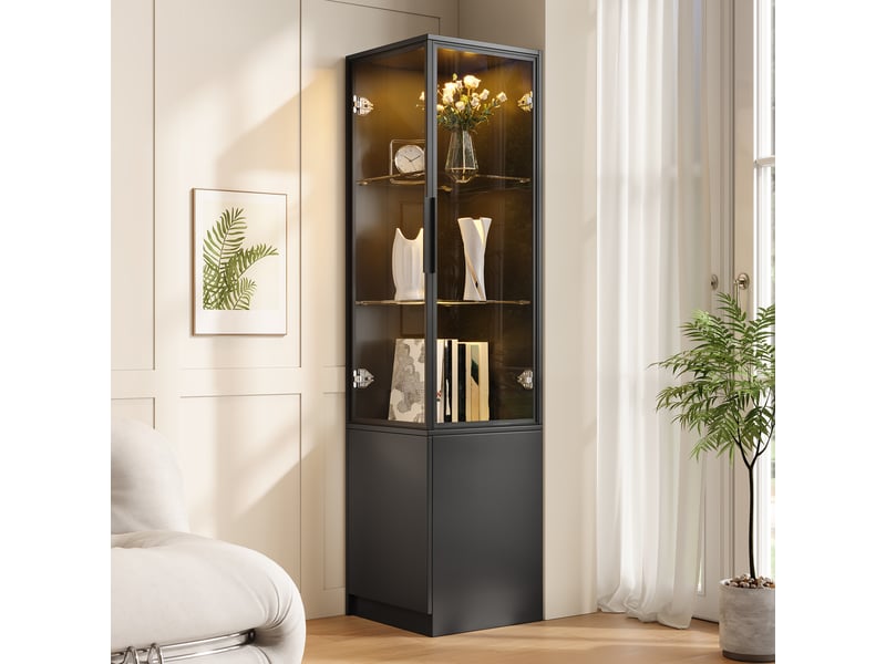  Vitrine haute 40x40x160 cm, éclairage led, commande par application, portes vitrées, grand rangement pour salon et séjour - noir  - Conforama B
