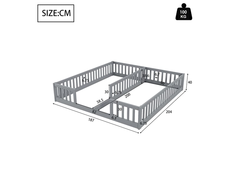  Modenvie lit enfant au sol 90x200 cm - avec barrières de sécurité, sans sommier ni matelas - gris  - Conforama C
