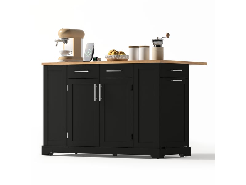 Îlot de cuisine 138 cm noir et aspect bois avec plan de travail rabattable, roulettes et prise électrique intégrée  - Conforama R